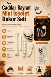Halloween Cadılar Bayramı Mini İskelet Dekor Seti – 5 Parça Kuru Kafa ve Kemik Süs