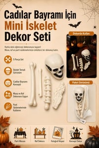Halloween Cadılar Bayramı Mini İskelet Dekor Seti – 5 Parça Kuru Kafa ve Kemik Süs