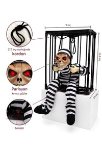 Halloween Cadılar Bayramı Sensörlü Işıklı Hareketli Kafesli İskelet Kapı Süsü