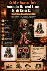 Halloween Cadılar Bayramı Sesle Aktifleşen Zeminde Hareket Eden Işıklı Kuru Kafa Dekoru