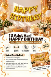 Happy Birthday Harf 13 Parça Gold Altın Renk Folyo Balon Seti