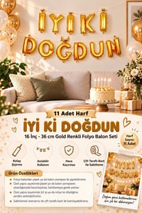 İyi Ki Doğdun 11 Parça Harf Gold Altın Renk Folyo Balon Seti