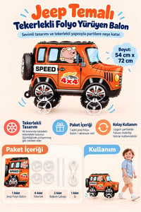 Jeep Temalı Tekerlekli Folyo Yürüyen Balon – Turuncu 4x4 Araba Balon 54x72 cm