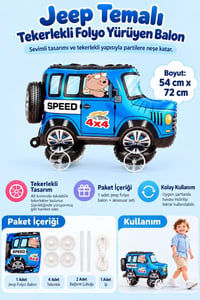 Jeep Temalı Tekerlekli Folyo Yürüyen Balon – Mavi 4x4 Araba Balon 54x72 cm