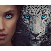 Kadın ve Leopar Tuvale Gerili Sayılarla Boyama Hobi Seti 40x50 cm
