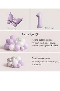 Kelebek Temalı 1 Yaş Doğum Günü Balon Seti – Lila Beyaz Gümüş