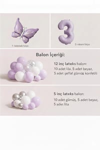 Kelebek Temalı 3 Yaş Doğum Günü Balon Seti – Lila Beyaz Gümüş