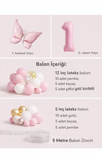 Kelebek Temalı Pembe 1 Yaş Doğum Günü Balon Seti – Pembe Gold Balon Zincirli