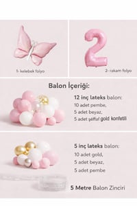 Kelebek Temalı Pembe 2 Yaş Doğum Günü Balon Seti – Pembe Gold Balon Zincirli