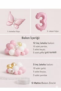 Kelebek Temalı Pembe 3 Yaş Doğum Günü Balon Seti – Pembe Gold Balon Zincirli
