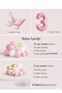 Kelebek Temalı Pembe 3 Yaş Doğum Günü Balon Seti – Pembe Gold Balon Zincirli