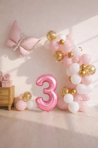 Kelebek Temalı Pembe 3 Yaş Doğum Günü Balon Seti – Pembe Gold Balon Zincirli