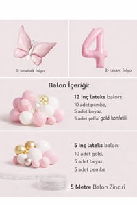 Kelebek Temalı Pembe 4 Yaş Doğum Günü Balon Seti – Pembe Gold Balon Zincirli