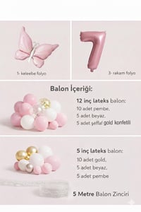 Kelebek Temalı Pembe 7 Yaş Doğum Günü Balon Seti – Pembe Gold Balon Zincirli