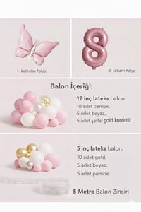 Kelebek Temalı Pembe 8 Yaş Doğum Günü Balon Seti – Pembe Gold Balon Zincirli