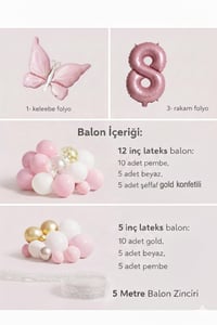 Kelebek Temalı Pembe 8 Yaş Doğum Günü Balon Seti – Pembe Gold Balon Zincirli