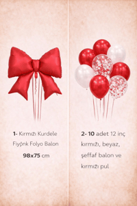 Kırmızı Fiyonk Folyo Balon Seti – Kırmızı & Beyaz Konfetili Balonlu