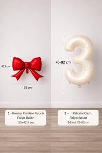Kırmızı Fiyonk & Krem 3 Rakam Folyo Balon Seti