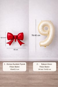 Kırmızı Fiyonk & Krem 9 Rakam Folyo Balon Seti