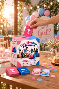 Kız Cinsiyet Belirleme Topu ve 24'lü Tahmin Kartı Seti – Pembe Pul Çıkan Gender Reveal Parti Seti