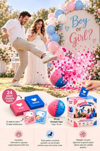 Kız Cinsiyet Belirleme Topu ve 24'lü Tahmin Kartı Seti – Pembe Pul Çıkan Gender Reveal Parti Seti
