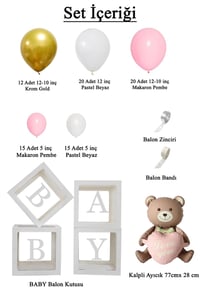 Krom Gold, Makaron Pembe ve Beyaz Balon Temalı Baby Shower Set; Baby Kutu Pembe Kalpli Ayıcık Folyo Ve Balon Zincir Set
