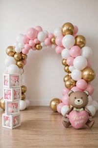 Krom Gold, Makaron Pembe ve Beyaz Balon Temalı Baby Shower Set; Baby Kutu Pembe Kalpli Ayıcık Folyo Ve Balon Zincir Set