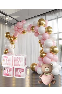 Krom Gold, Makaron Pembe ve Beyaz Balon Temalı Baby Shower Set; Baby Kutu Pembe Kalpli Ayıcık Folyo Ve Balon Zincir Set