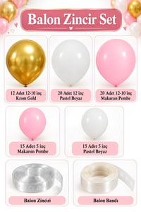 Krom Gold, Pastel Beyaz  ve Makaron Pembe Temalı Balon Seti