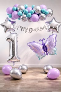 Lila Kelebek Temalı 1 Yaş Doğum Günü Balon Süsleme Seti – Lila Gümüş Parti Dekorasyon Seti