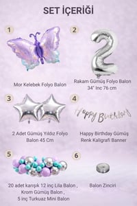 Lila Kelebek Temalı 2 Yaş Doğum Günü Balon Süsleme Seti – Lila Gümüş Parti Dekorasyon Seti