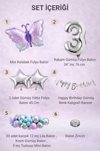 Lila Kelebek Temalı 3 Yaş Doğum Günü Balon Süsleme Seti – Lila Gümüş Parti Dekorasyon Seti
