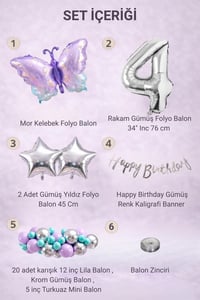 Lila Kelebek Temalı 4 Yaş Doğum Günü Balon Süsleme Seti – Lila Gümüş Parti Dekorasyon Seti