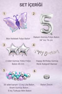 Lila Kelebek Temalı 5 Yaş Doğum Günü Balon Süsleme Seti – Lila Gümüş Parti Dekorasyon Seti