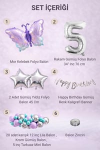 Lila Kelebek Temalı 5 Yaş Doğum Günü Balon Süsleme Seti – Lila Gümüş Parti Dekorasyon Seti