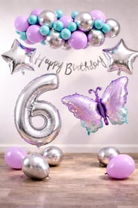 Lila Kelebek Temalı 6 Yaş Doğum Günü Balon Süsleme Seti – Lila Gümüş Parti Dekorasyon Seti