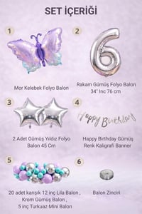 Lila Kelebek Temalı 6 Yaş Doğum Günü Balon Süsleme Seti – Lila Gümüş Parti Dekorasyon Seti