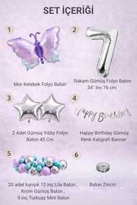 Lila Kelebek Temalı 7 Yaş Doğum Günü Balon Süsleme Seti – Lila Gümüş Parti Dekorasyon Seti