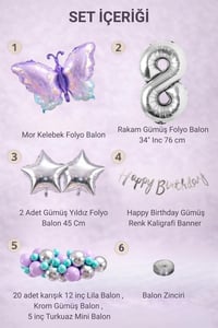 Lila Kelebek Temalı 8 Yaş Doğum Günü Balon Süsleme Seti – Lila Gümüş Parti Dekorasyon Seti