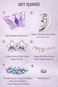 Lila Kelebek Temalı 9 Yaş Doğum Günü Balon Süsleme Seti – Lila Gümüş Parti Dekorasyon Seti
