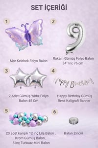 Lila Kelebek Temalı 9 Yaş Doğum Günü Balon Süsleme Seti – Lila Gümüş Parti Dekorasyon Seti