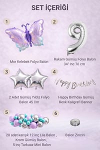 Lila Kelebek Temalı 9 Yaş Doğum Günü Balon Süsleme Seti – Lila Gümüş Parti Dekorasyon Seti