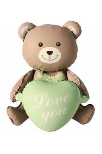 Love You Yazılı Retro Yeşil Kalpli Kahverengi Oturan Ayı Folyo Balon
