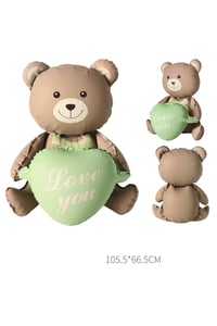 Love You Yazılı Retro Yeşil Kalpli Kahverengi Oturan Ayı Folyo Balon