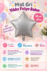 Mat Gri  Yıldız Folyo Balon 45 cm - Bebek Çocuk Parti Kutlama