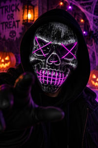Mor Neon Işıklı Kurukafa Maskesi – Cadılar Bayramı Halloween Korku Maskesi