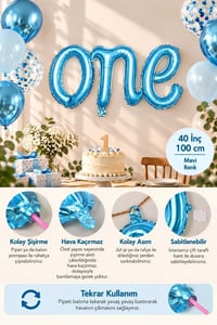 One Mavi Folyo Balon - Bebek Çocuk Parti Kutlama Seti 