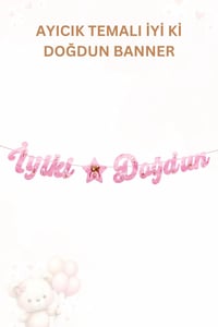 Pembe Ayıcık Temalı Doğum Günü Parti Seti – Banner, Tavan Süsü, Gözlük, Pasta Figürü ve Mısır Kutusu Seti