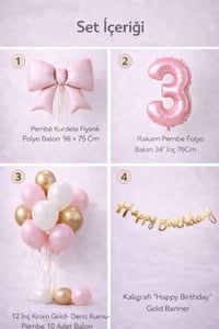 Pembe Fiyonk 3 Yaş Doğum Günü Balon Seti