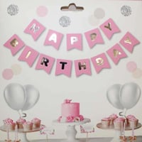 Pembe Zemin Happy Birthday Gümüş Banner